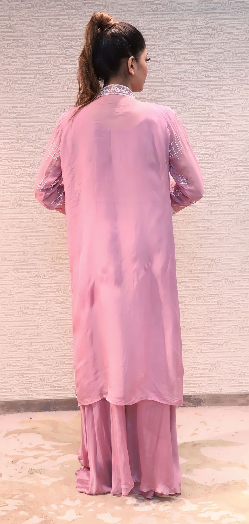 classic pink color floral motif embroidered jumpsuit set