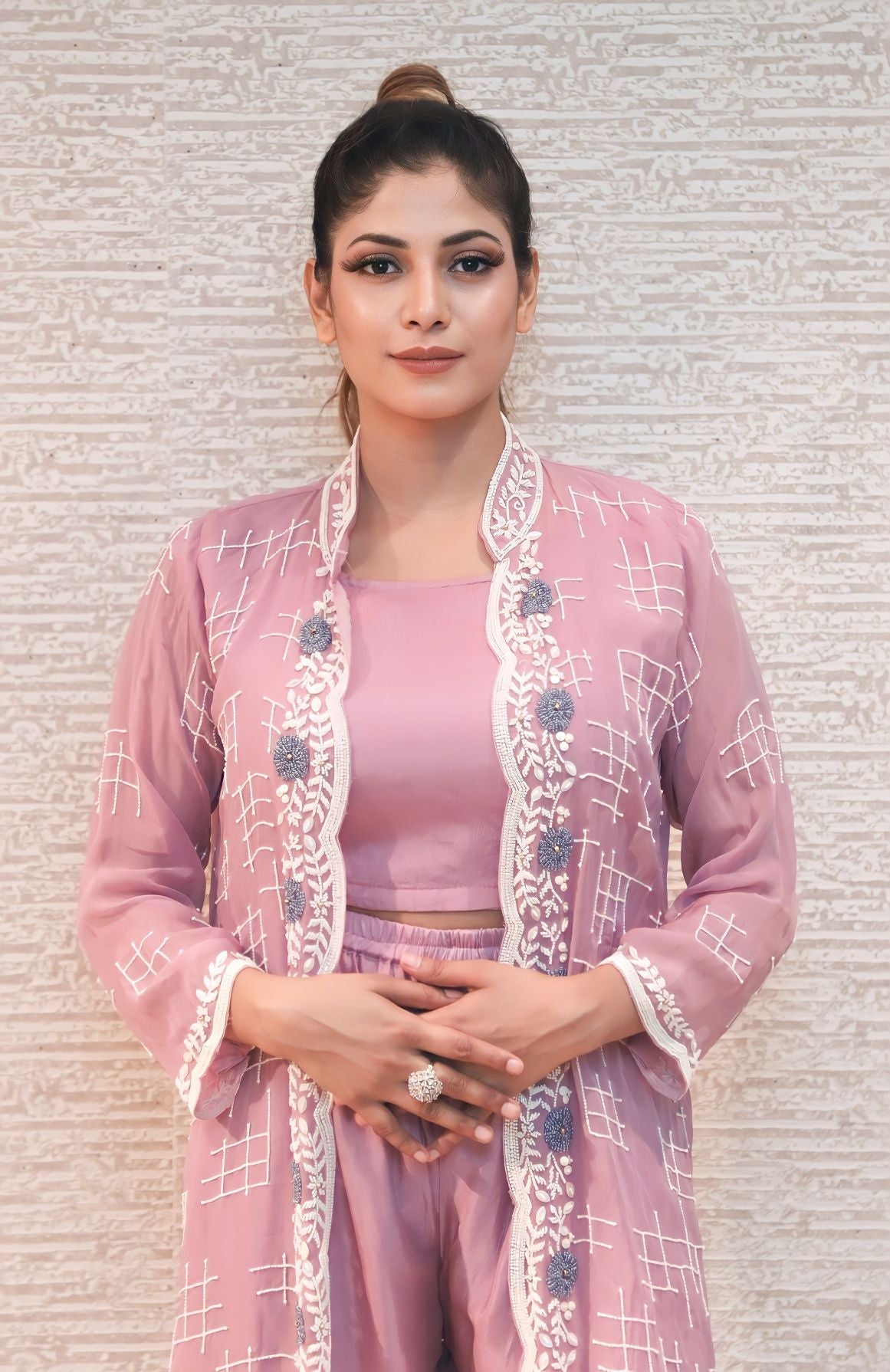 classic pink color floral motif embroidered jumpsuit set