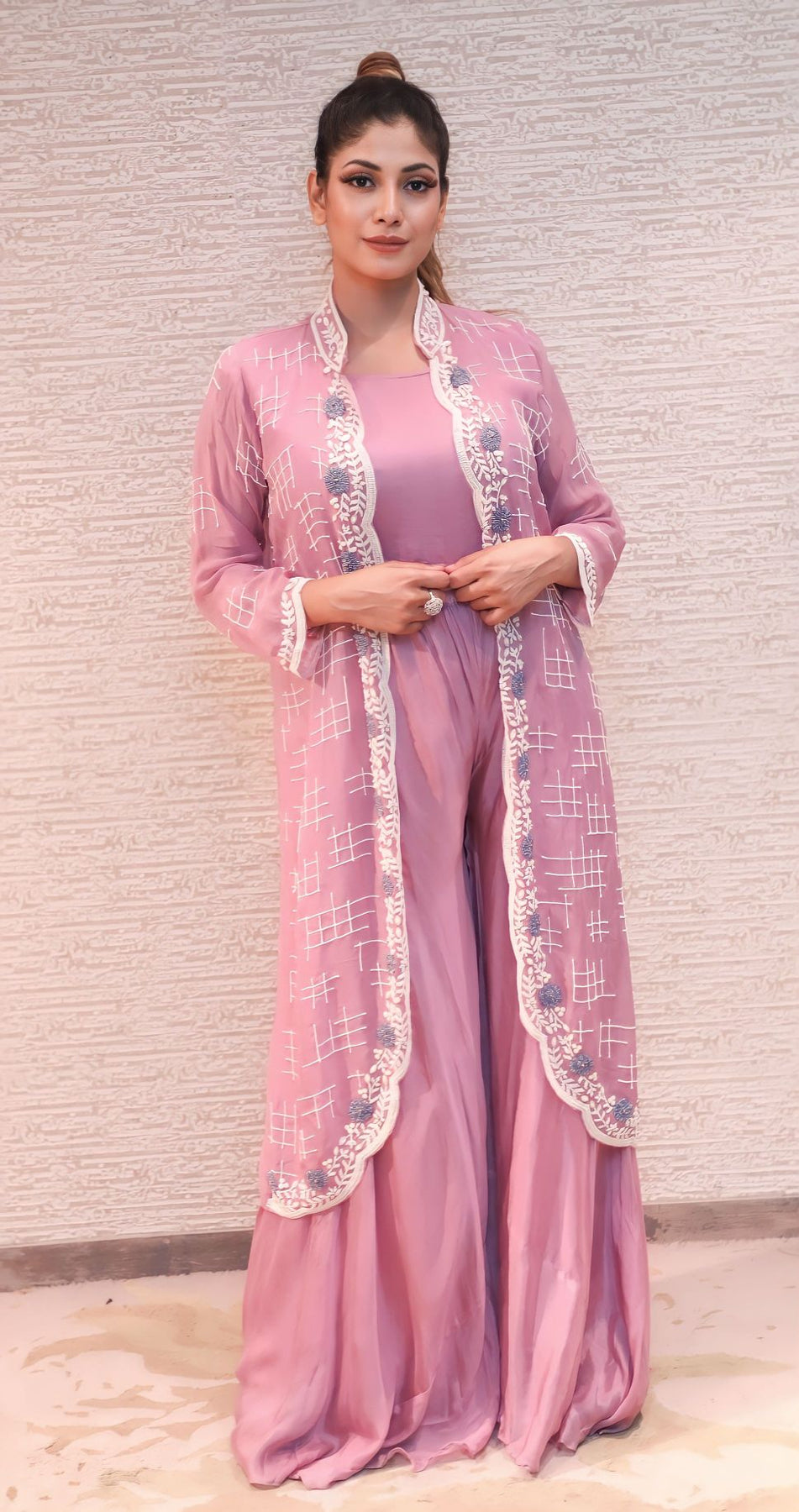 classic pink color floral motif embroidered jumpsuit set