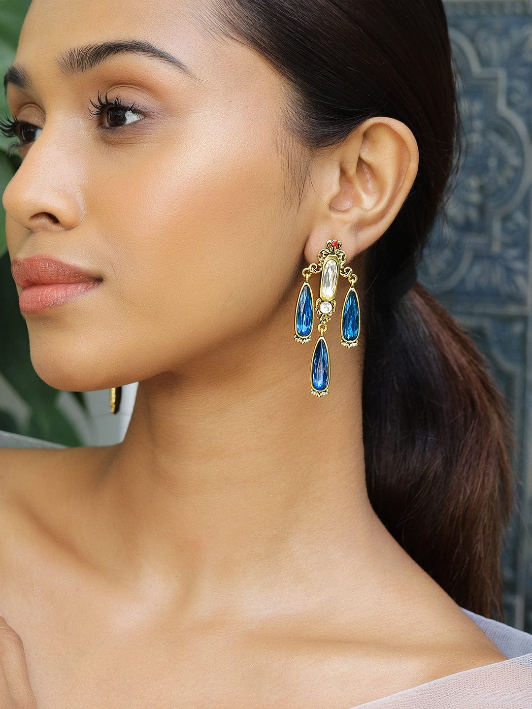 18K Antique Gold-Plated Blue & White Stone Chandelier Earrings
