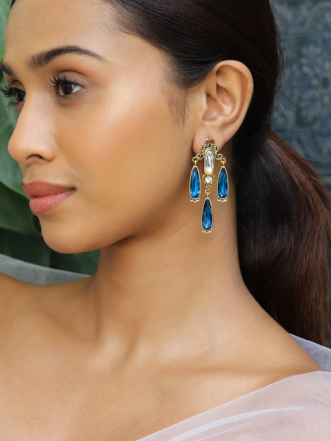 18K Antique Gold-Plated Blue & White Stone Chandelier Earrings