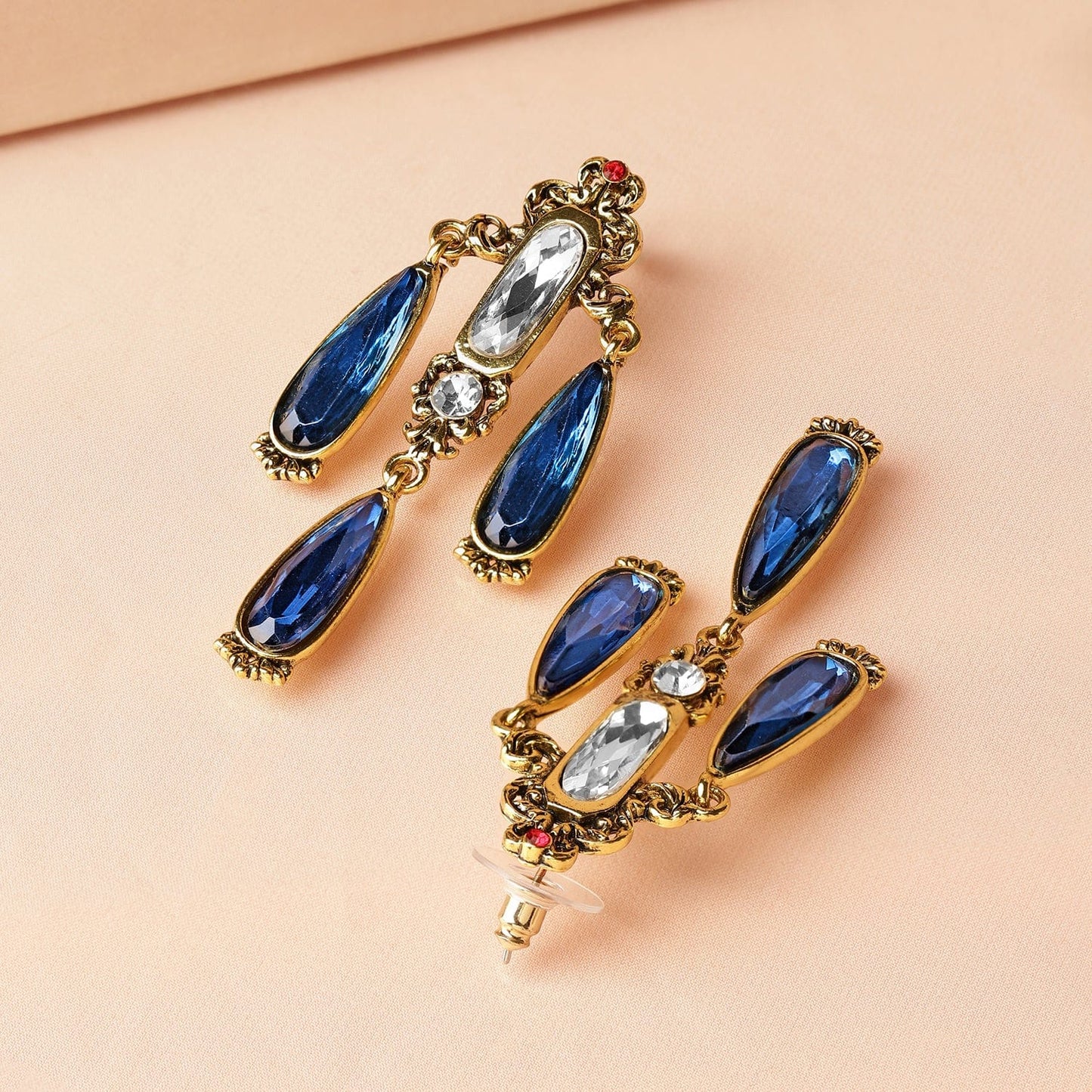 18K Antique Gold-Plated Blue & White Stone Chandelier Earrings