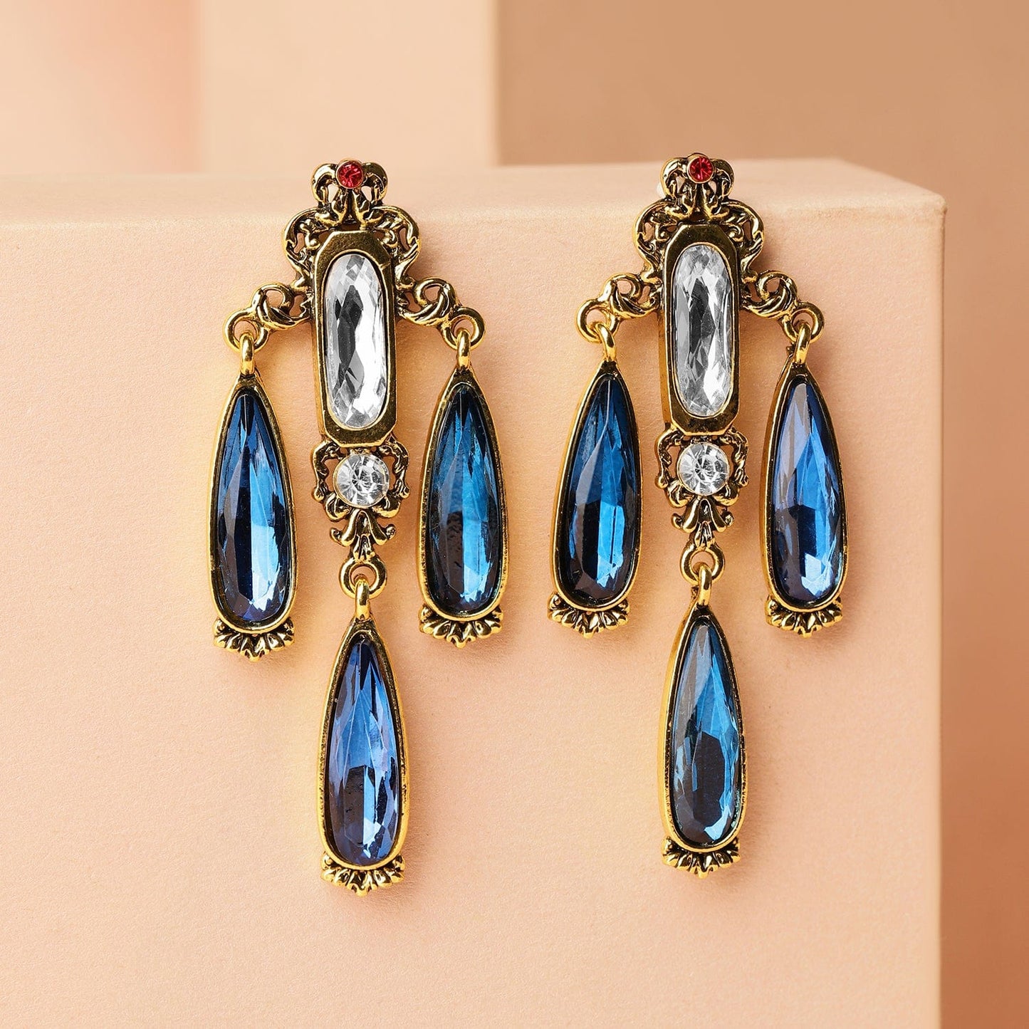 18K Antique Gold-Plated Blue & White Stone Chandelier Earrings