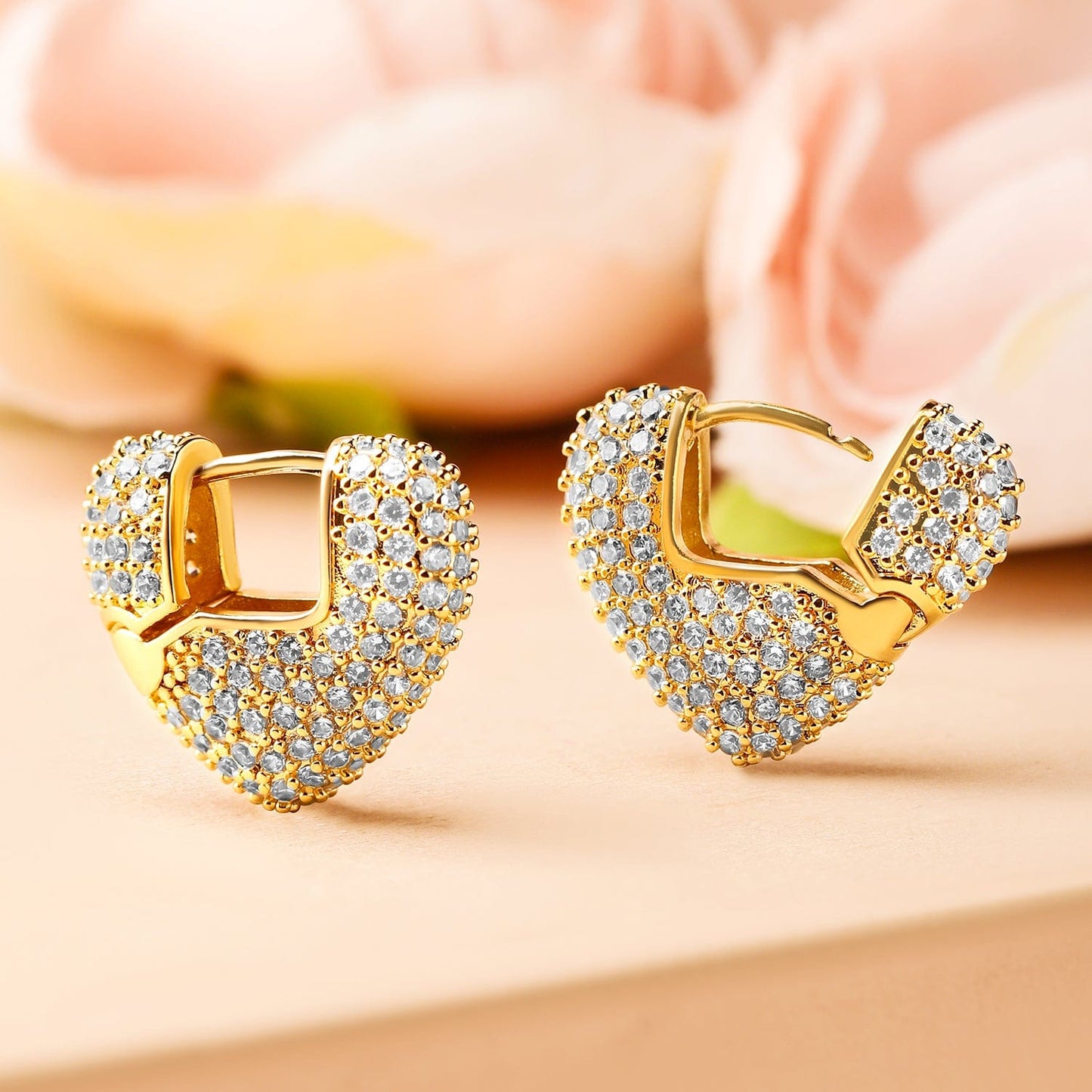 18K Gold-Plated Cubic Zirconia Studded Heart Shape Hoop Earrings