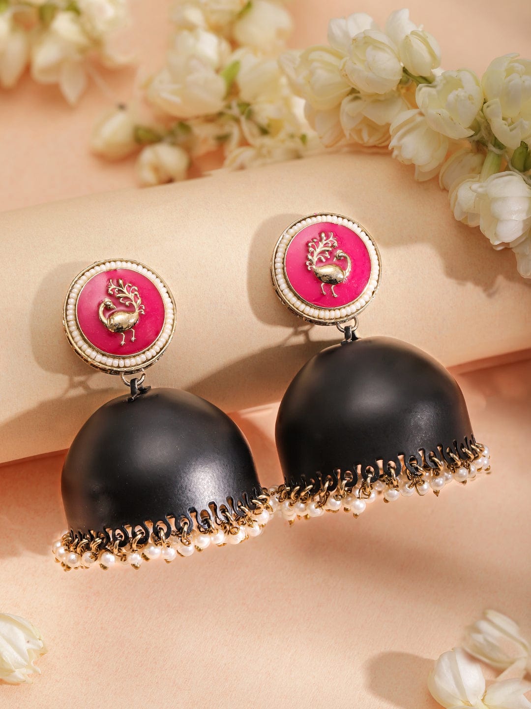 18K Gold-Plated Dome Shaped Stone Studded & Beaded Enamelled Jhumkas