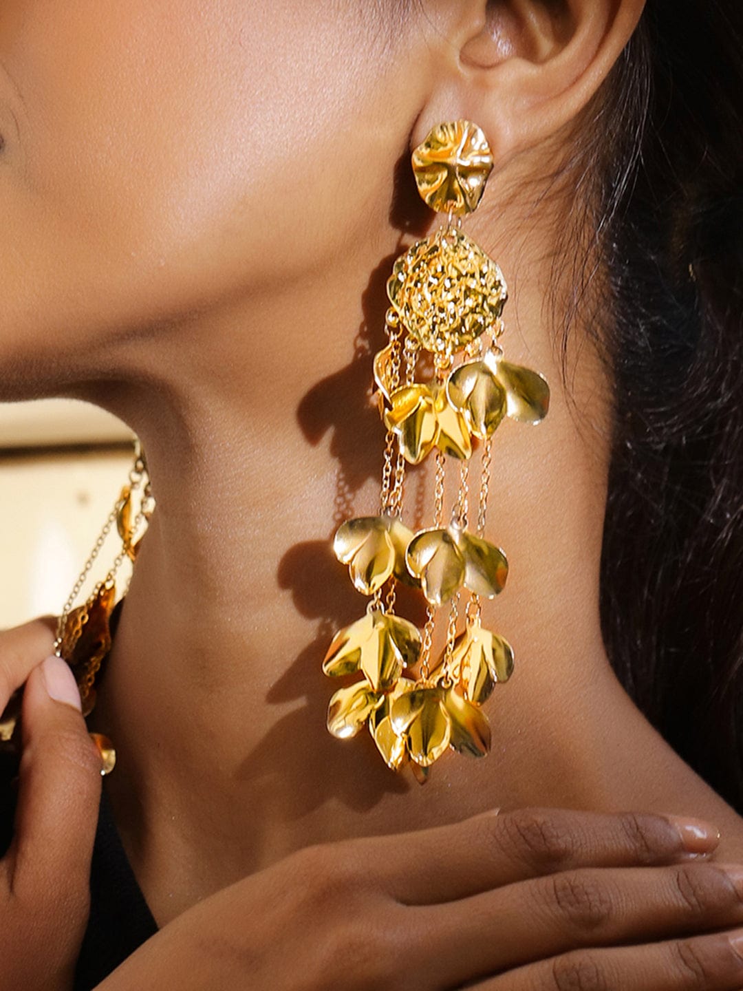18K Gold-Plated Floral Petal Cascade Long Statement Earrings