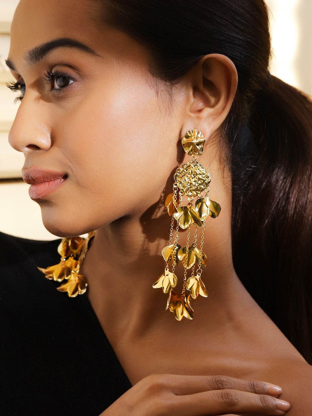 18K Gold-Plated Floral Petal Cascade Long Statement Earrings