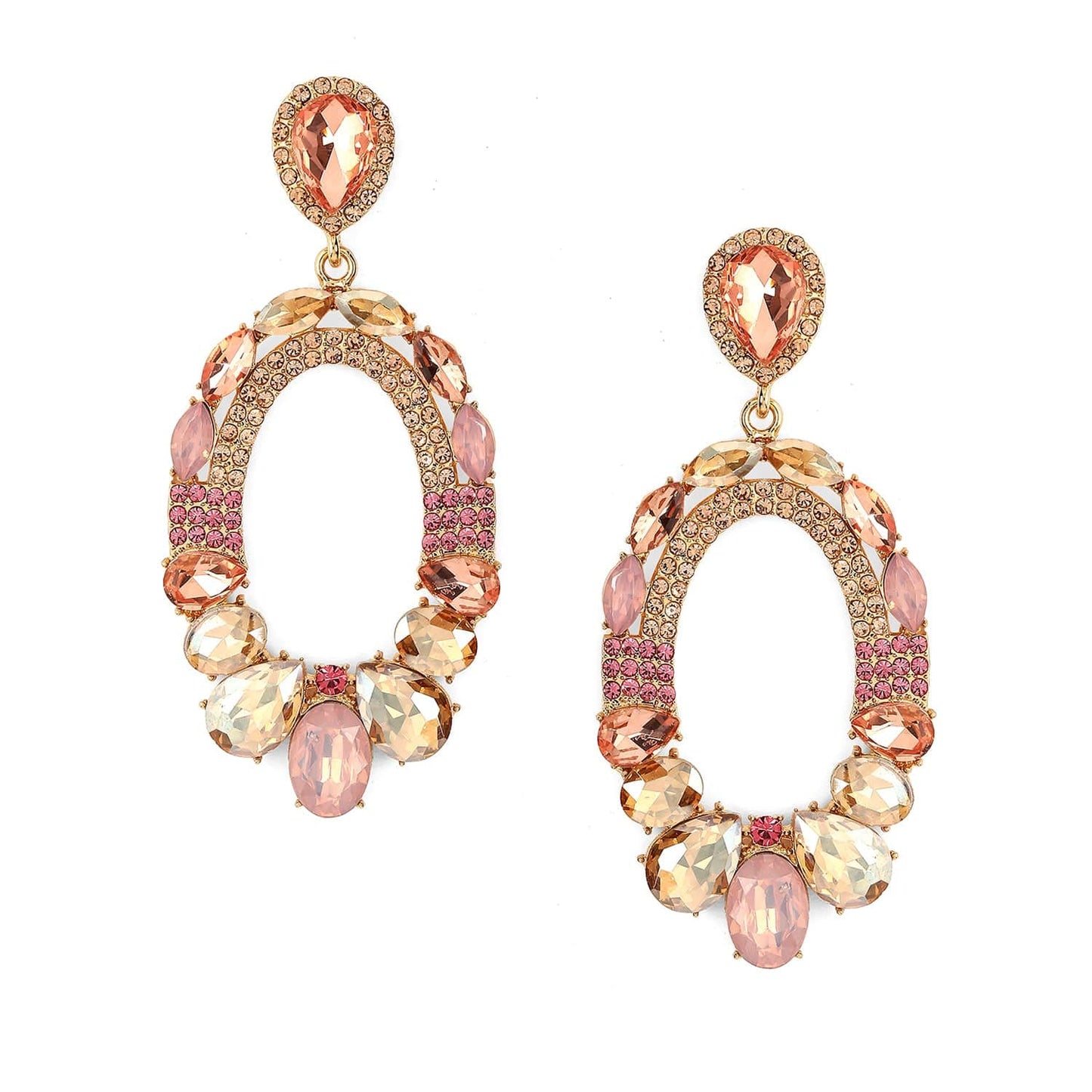 18K Gold-Plated Oval Pink & Champagne Crystal Studded Statement Dangle Earrings