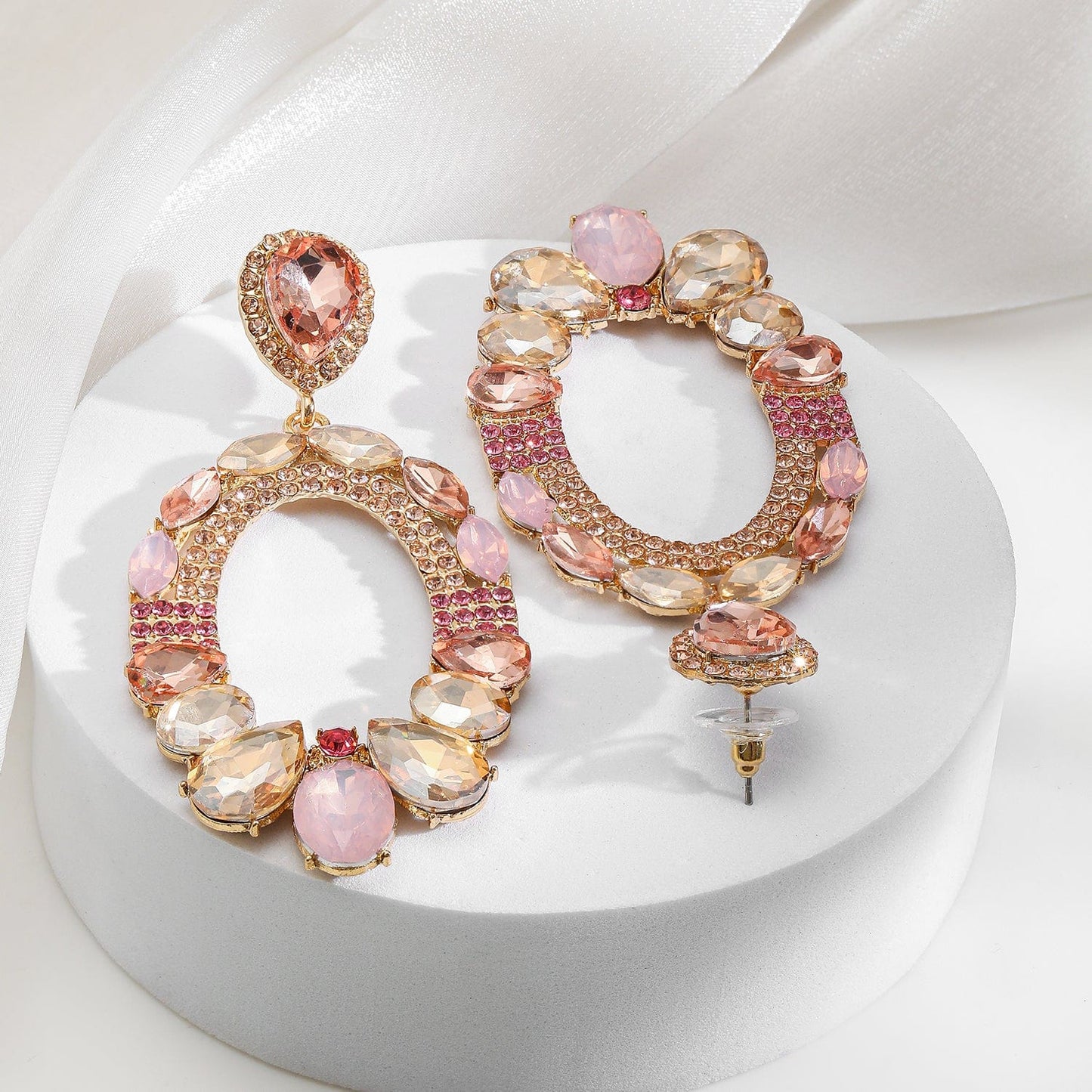 18K Gold-Plated Oval Pink & Champagne Crystal Studded Statement Dangle Earrings