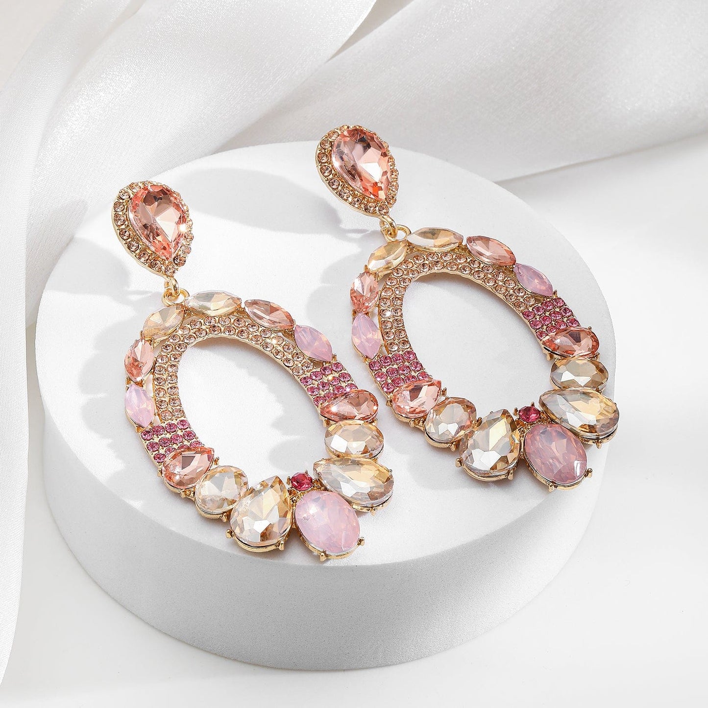 18K Gold-Plated Oval Pink & Champagne Crystal Studded Statement Dangle Earrings