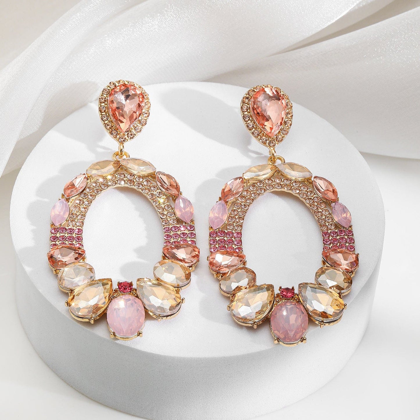 18K Gold-Plated Oval Pink & Champagne Crystal Studded Statement Dangle Earrings