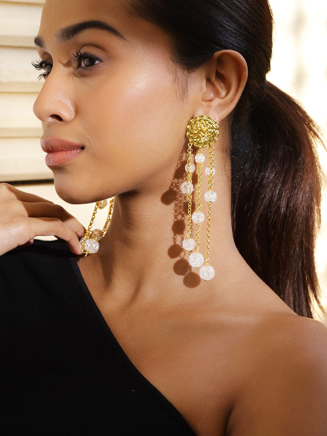 18K Gold-Plated Pearl Bead & Chain Layered Long & Bold Statement Earrings