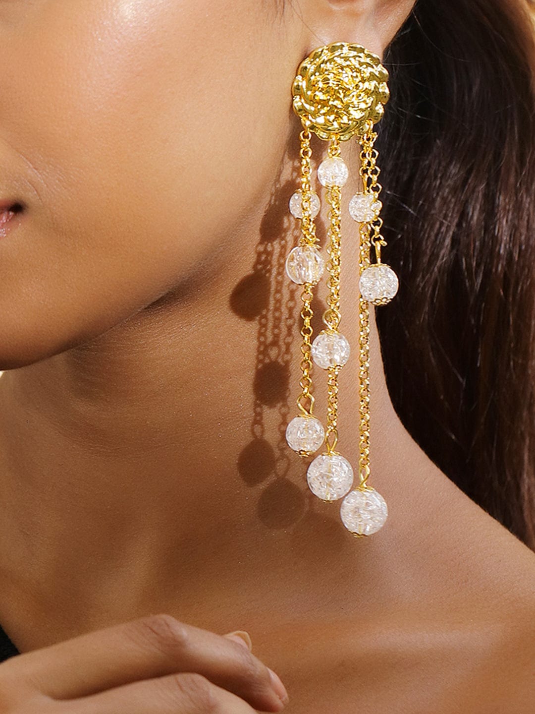 18K Gold-Plated Pearl Bead & Chain Layered Long & Bold Statement Earrings