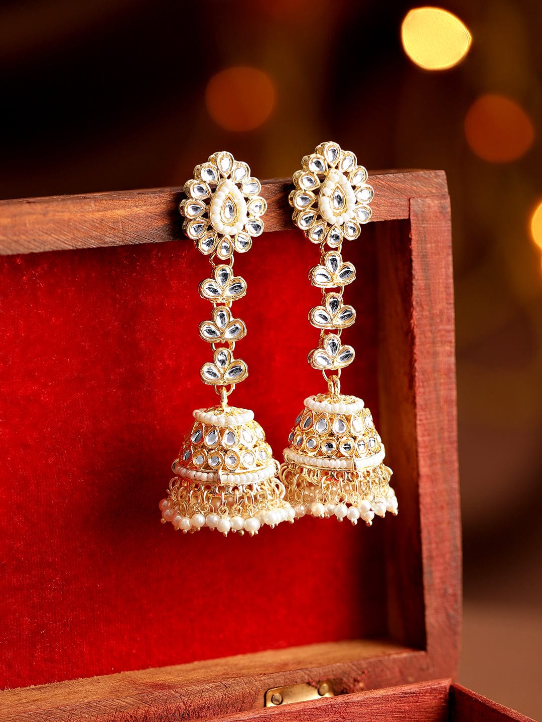 22K Gold plated kundan studded pearl beaded Elegant Jhumka earrings