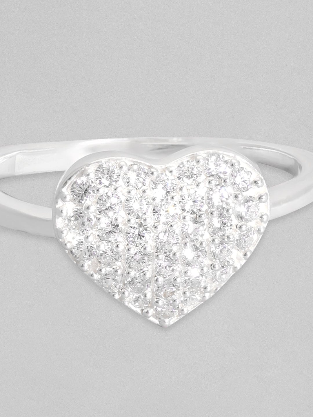 Silver, Rhodium Plated Pave Studded Zircons Minimal Heart Motif Ring.