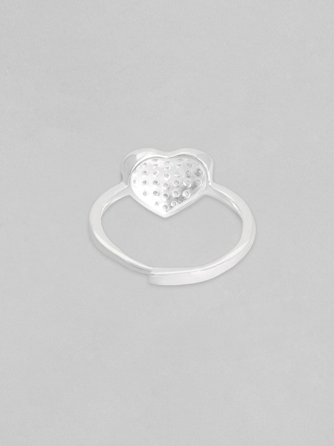 Silver, Rhodium Plated Pave Studded Zircons Minimal Heart Motif Ring.