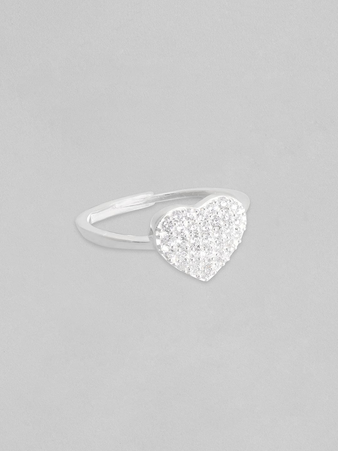 Silver, Rhodium Plated Pave Studded Zircons Minimal Heart Motif Ring.