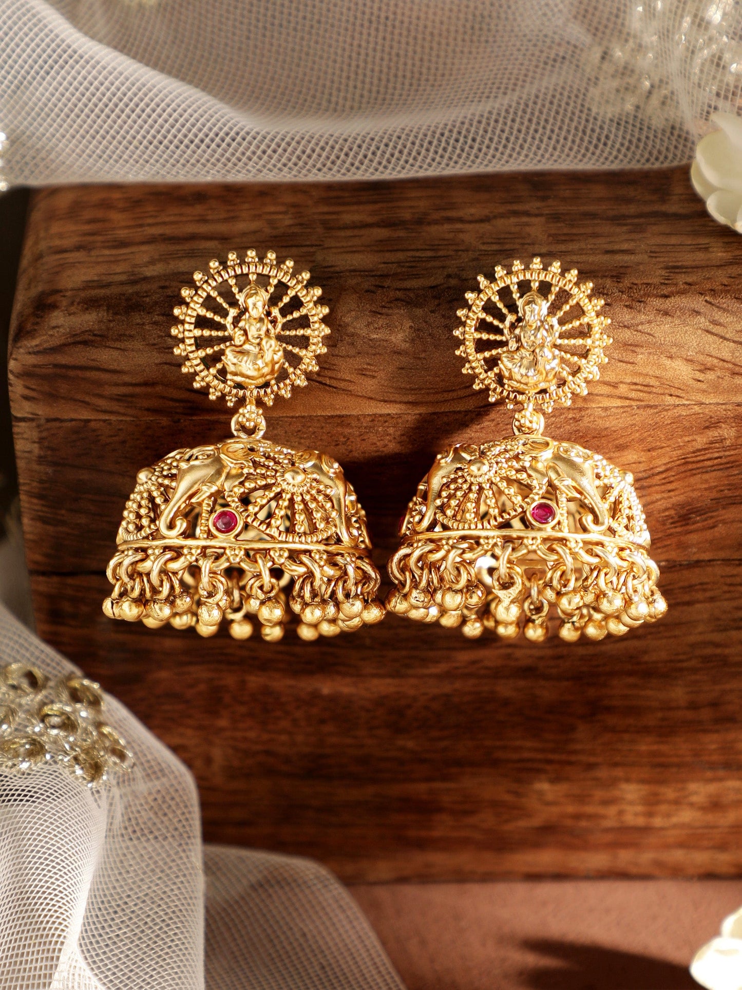 Exquisite 22k Gold-Plated Temple Floral Jhumka Earrings