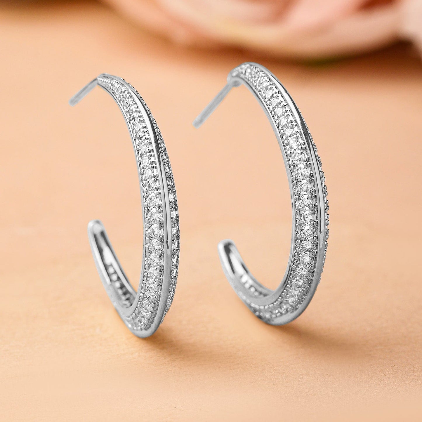 Rhodium-Plated Cubic Zirconia Studded Classic Hoop Earrings