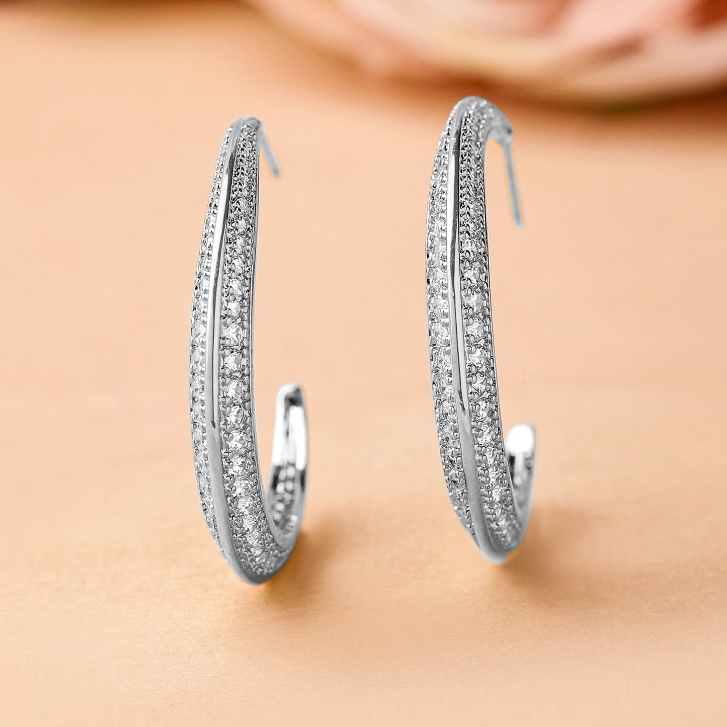 Rhodium-Plated Cubic Zirconia Studded Classic Hoop Earrings