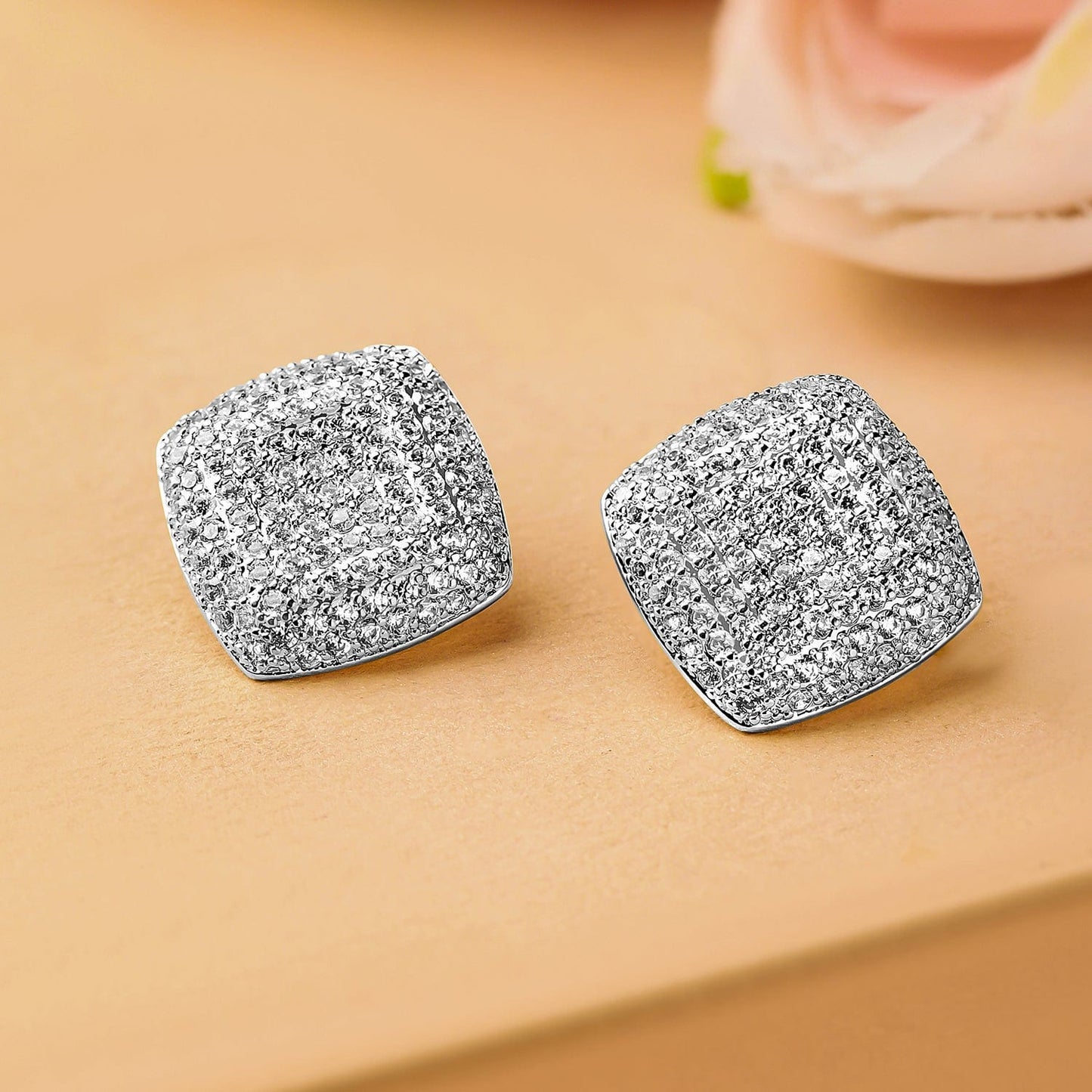 Rhodium-Plated Cubic Zirconia Studded Square Stud Earrings