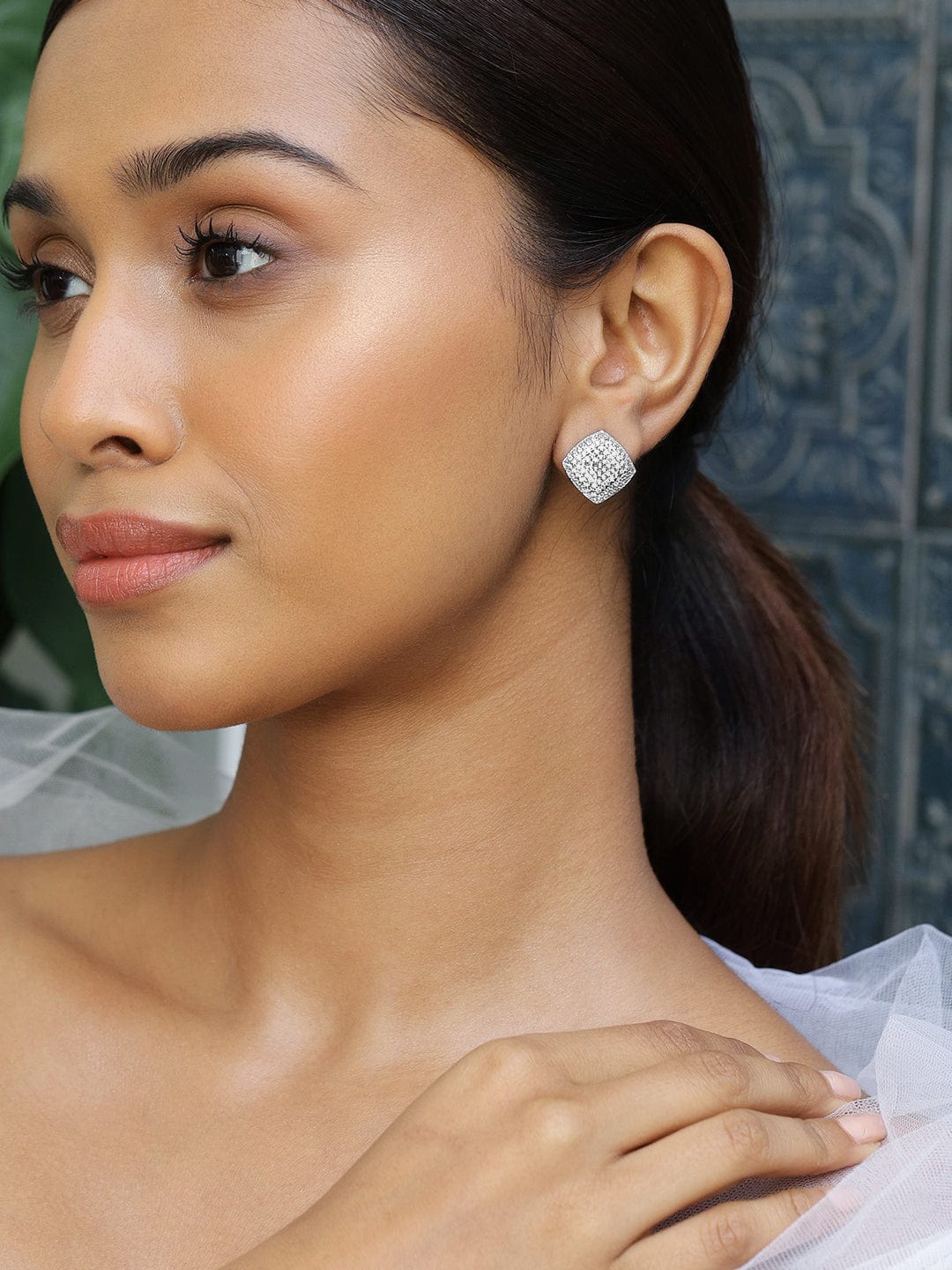 Rhodium-Plated Cubic Zirconia Studded Square Stud Earrings