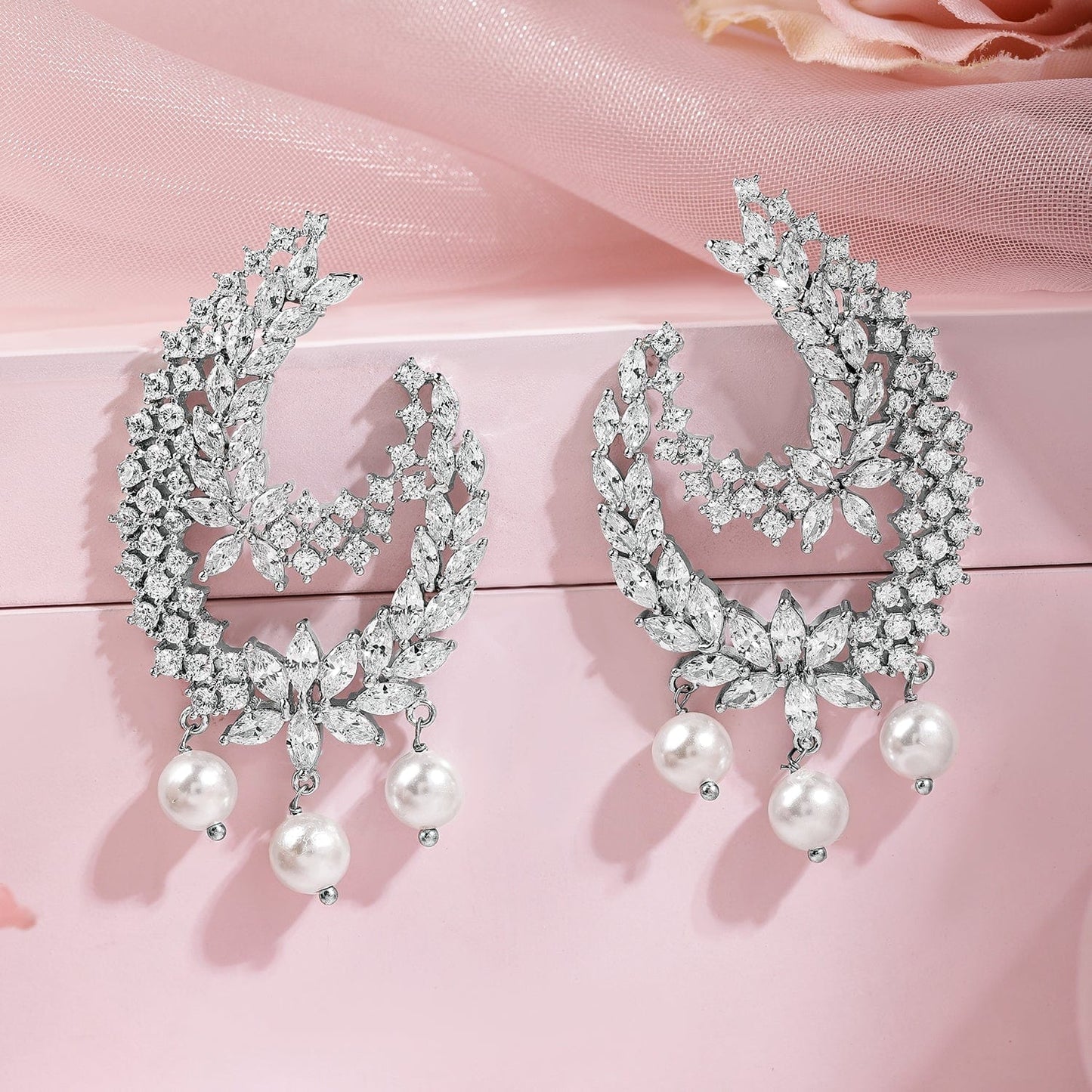 Rhodium-Plated Cubic Zirconia Studded Statement Crescent Earrings with Pearl Drops