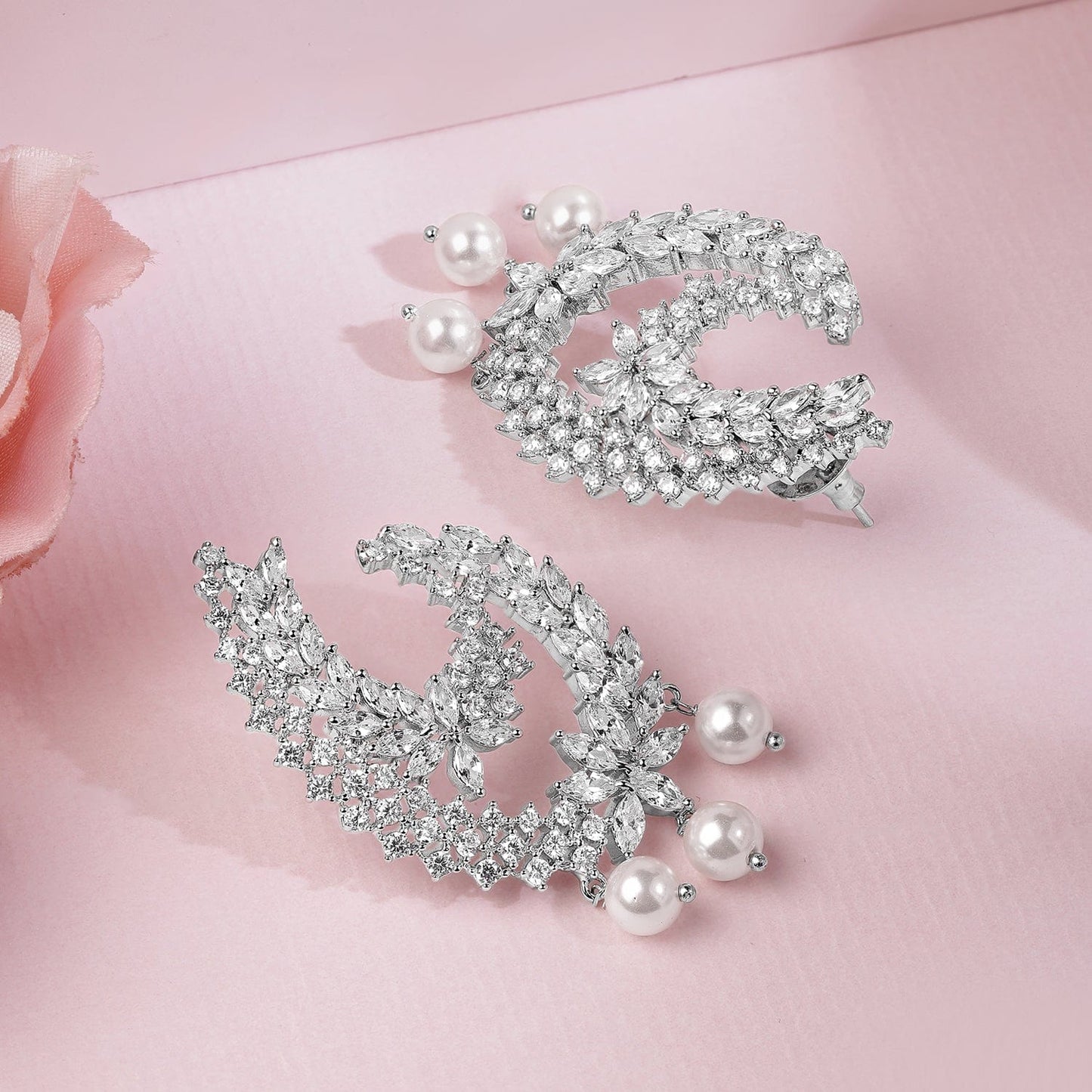 Rhodium-Plated Cubic Zirconia Studded Statement Crescent Earrings with Pearl Drops