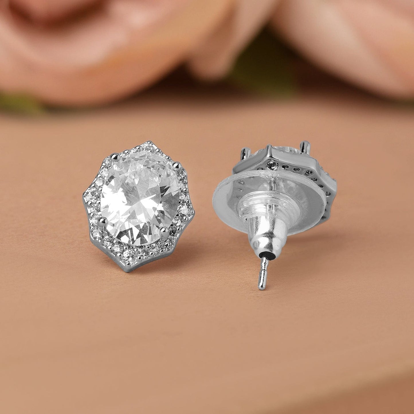 Rhodium-Plated Geometric Oval Cubic Zirconia Studded Statement Stud Earrings