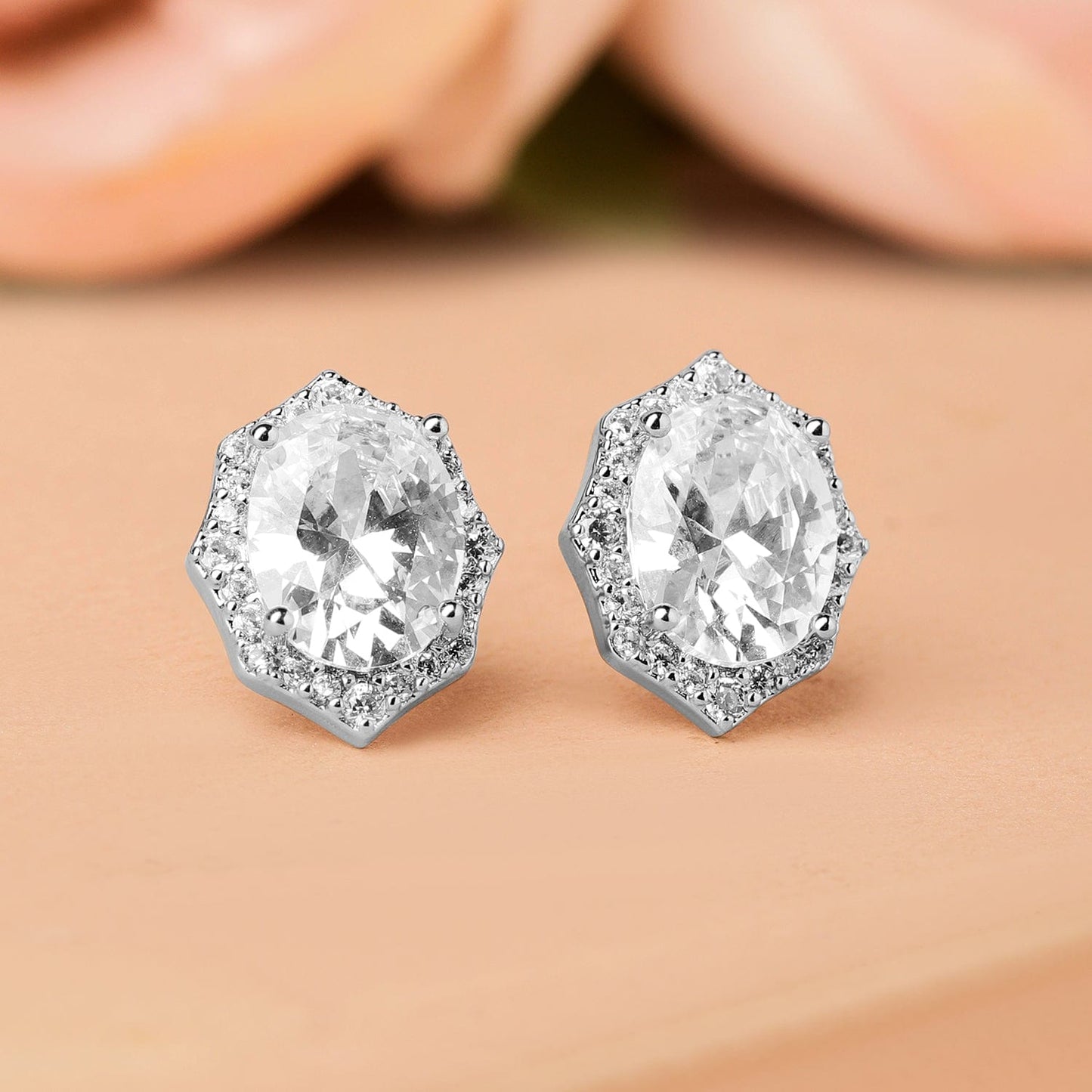 Rhodium-Plated Geometric Oval Cubic Zirconia Studded Statement Stud Earrings