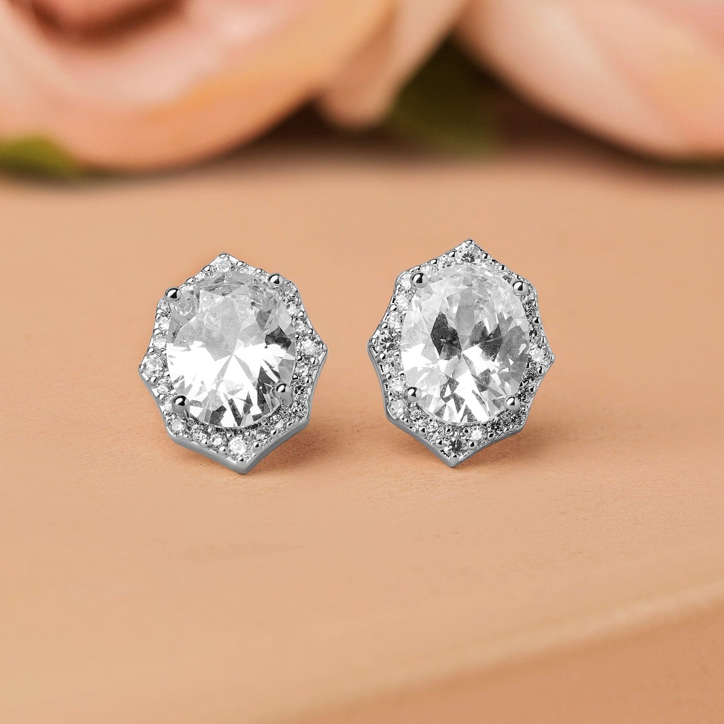 Rhodium-Plated Geometric Oval Cubic Zirconia Studded Statement Stud Earrings