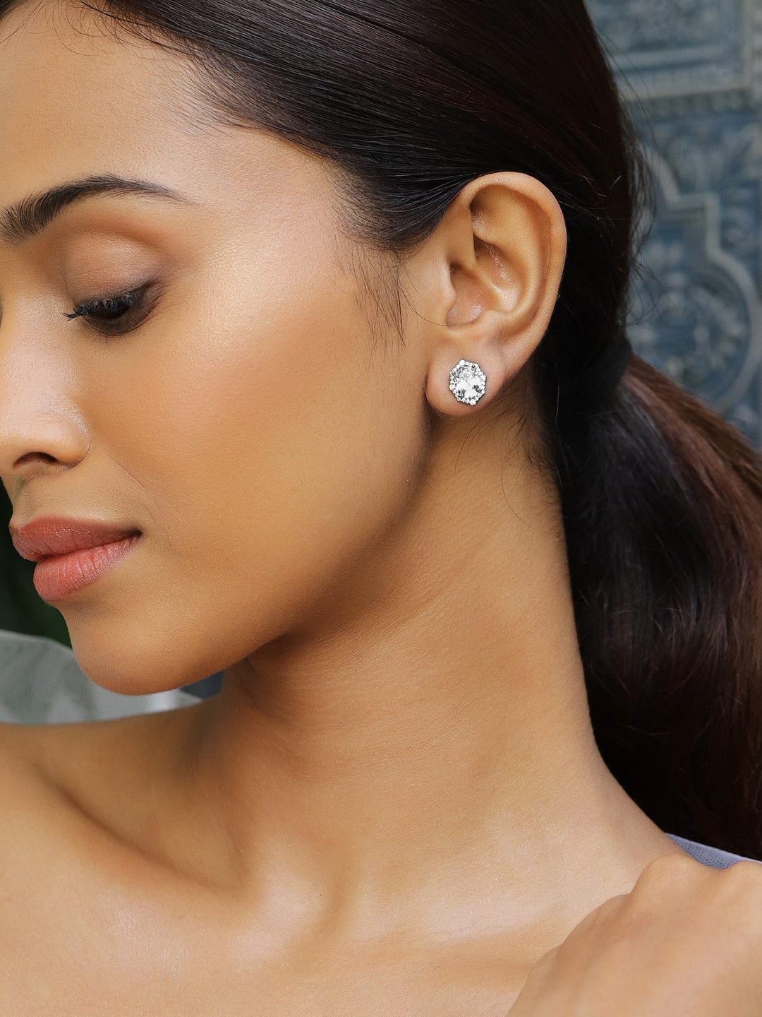 Rhodium-Plated Geometric Oval Cubic Zirconia Studded Statement Stud Earrings