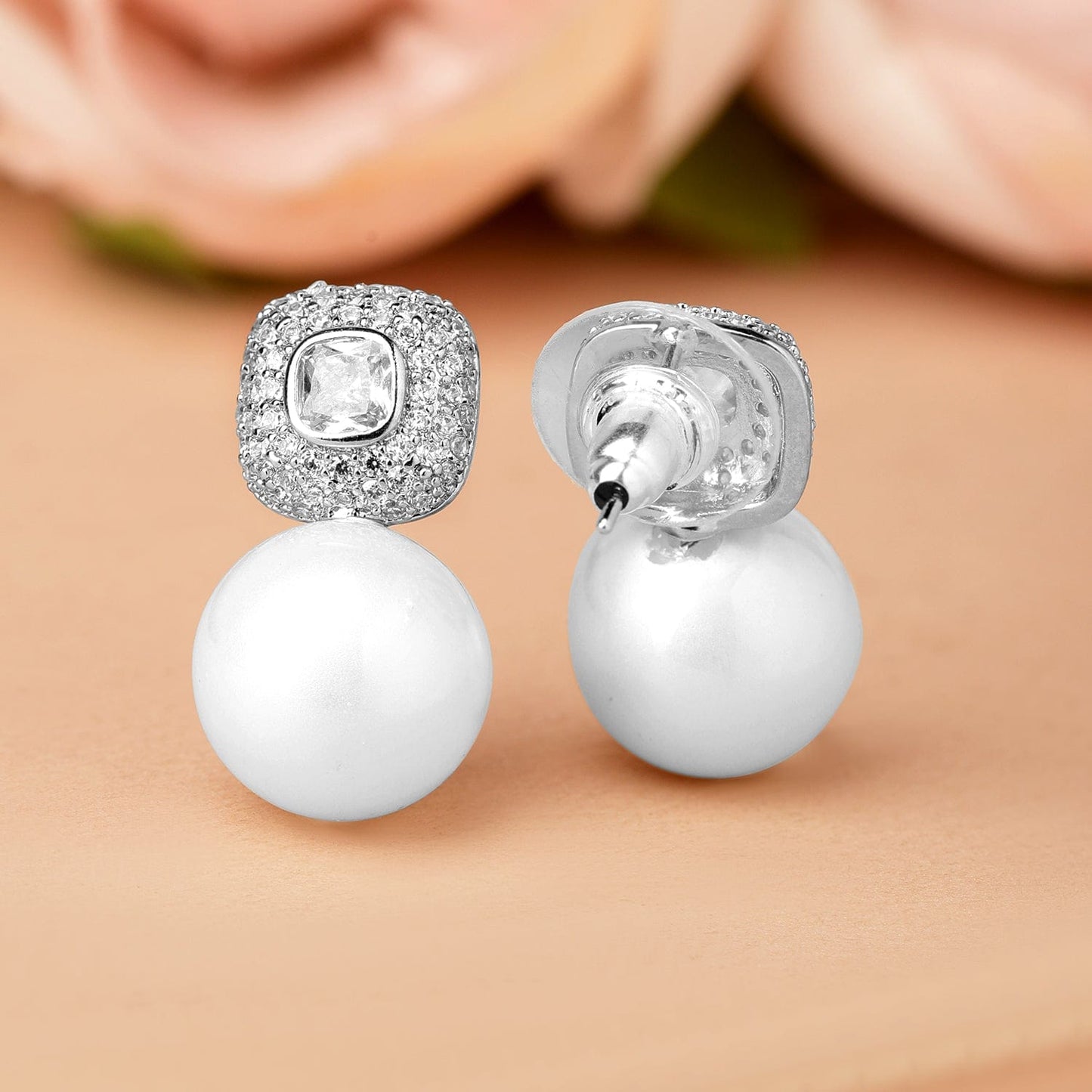 Rhodium-Plated Pearl Drop Earrings with Cubic Zirconia Accents