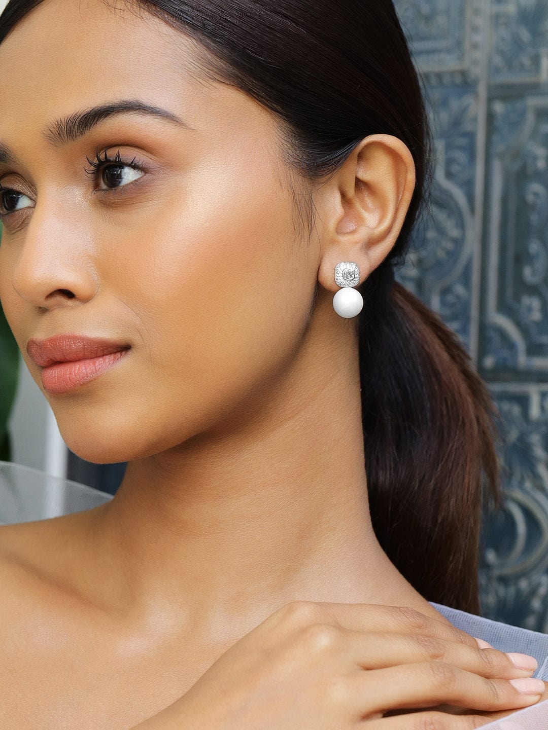 Rhodium-Plated Pearl Drop Earrings with Cubic Zirconia Accents