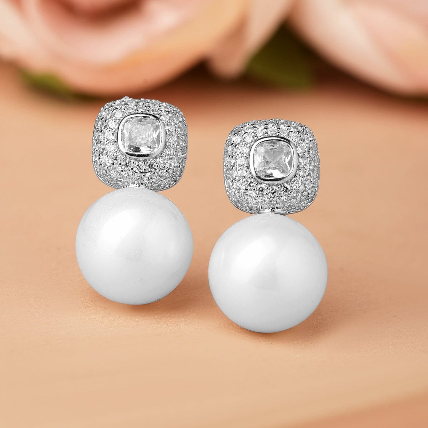 Rhodium-Plated Pearl Drop Earrings with Cubic Zirconia Accents