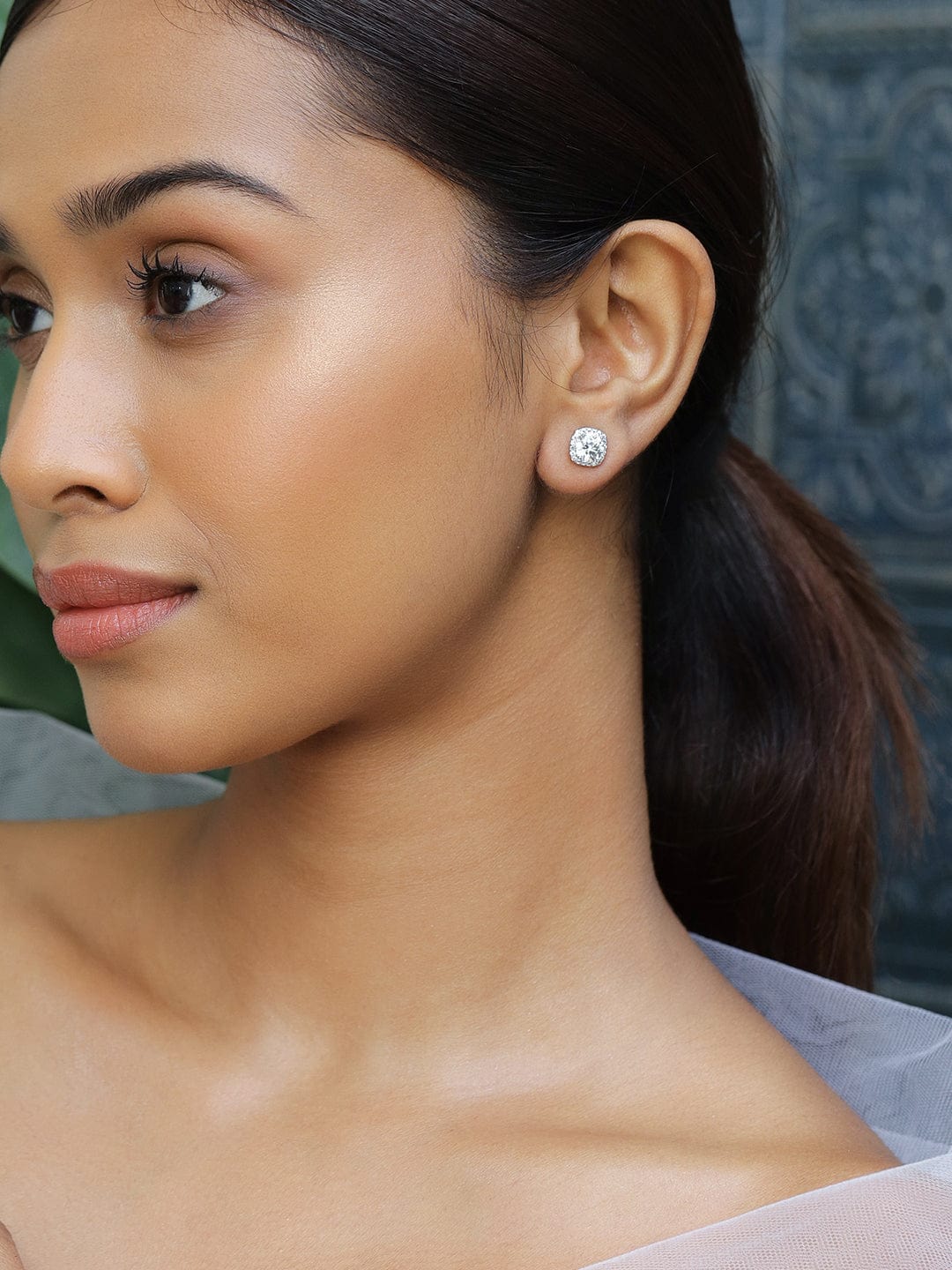 Rhodium-Plated Round Cubic Zirconia Studded Classic Stud Earrings