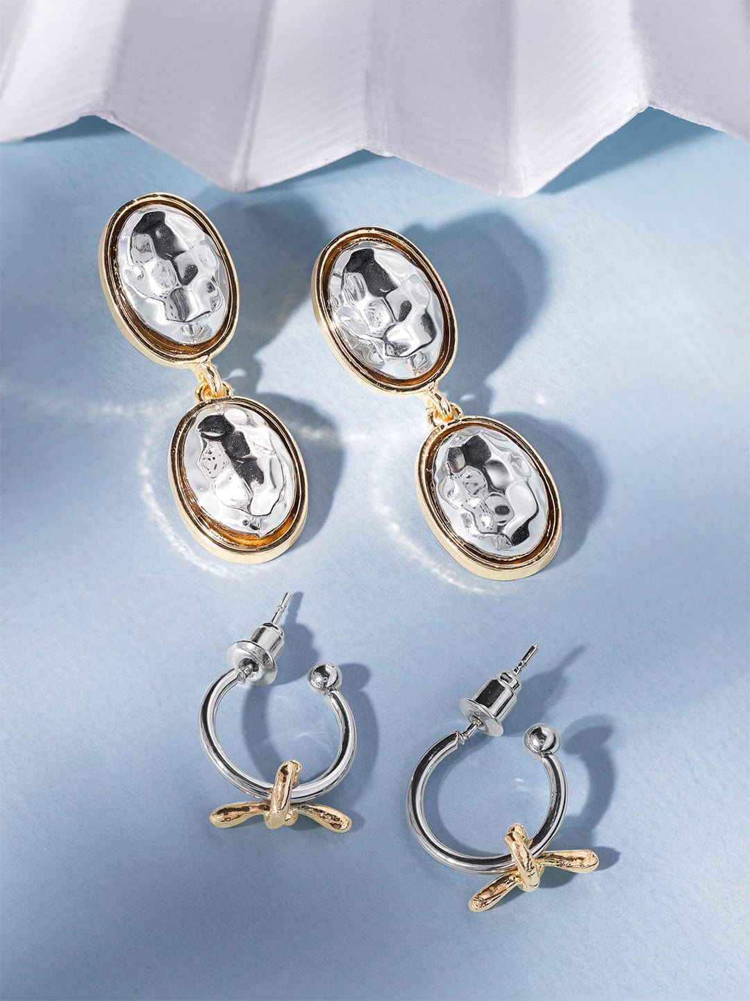 Set of 2 Rhodium & Gold-Plated Hammered Oval and Hoop Stud Earrings