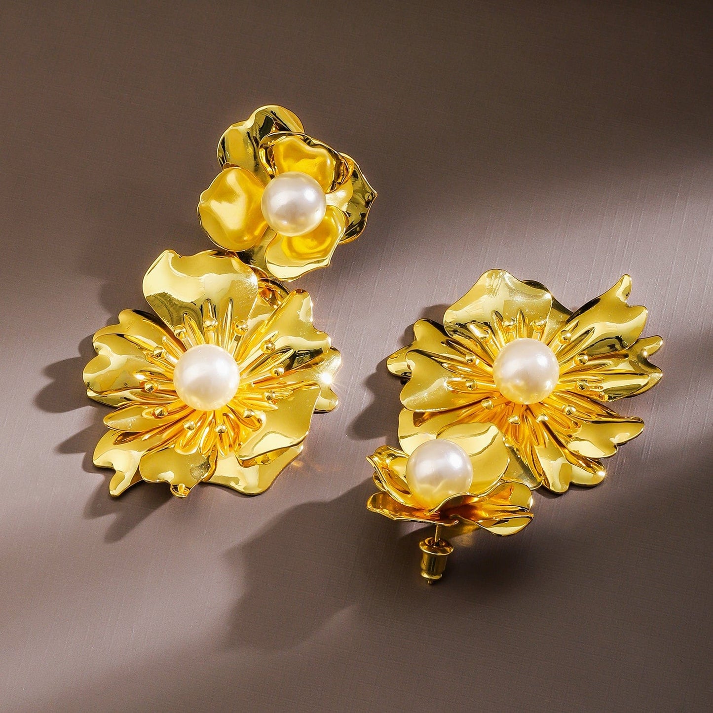 Voguish 18K Gold-Plated Bold Pearl Studded Big Floral Drop Statement Earrings