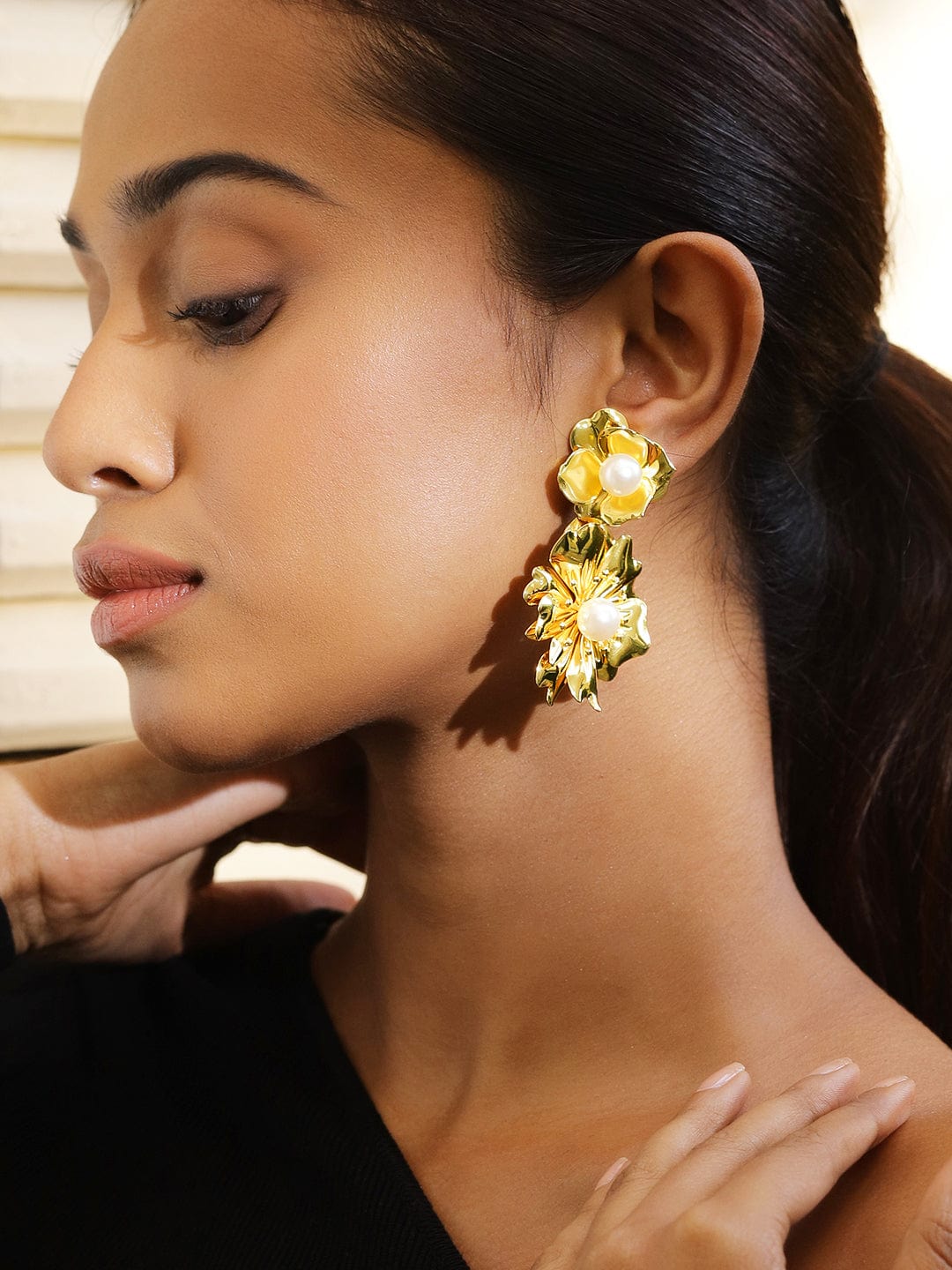Voguish 18K Gold-Plated Bold Pearl Studded Big Floral Drop Statement Earrings