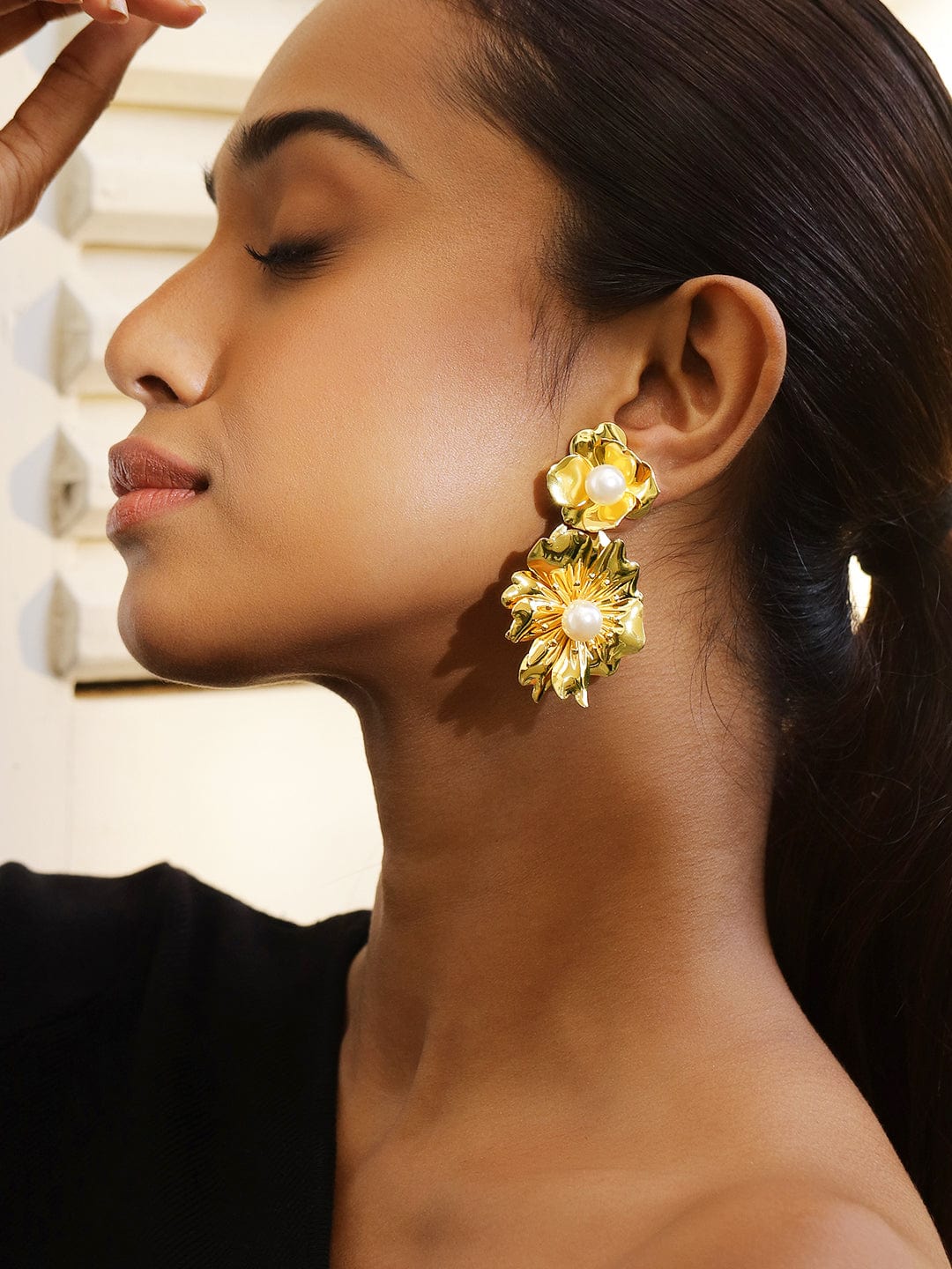 Voguish 18K Gold-Plated Bold Pearl Studded Big Floral Drop Statement Earrings