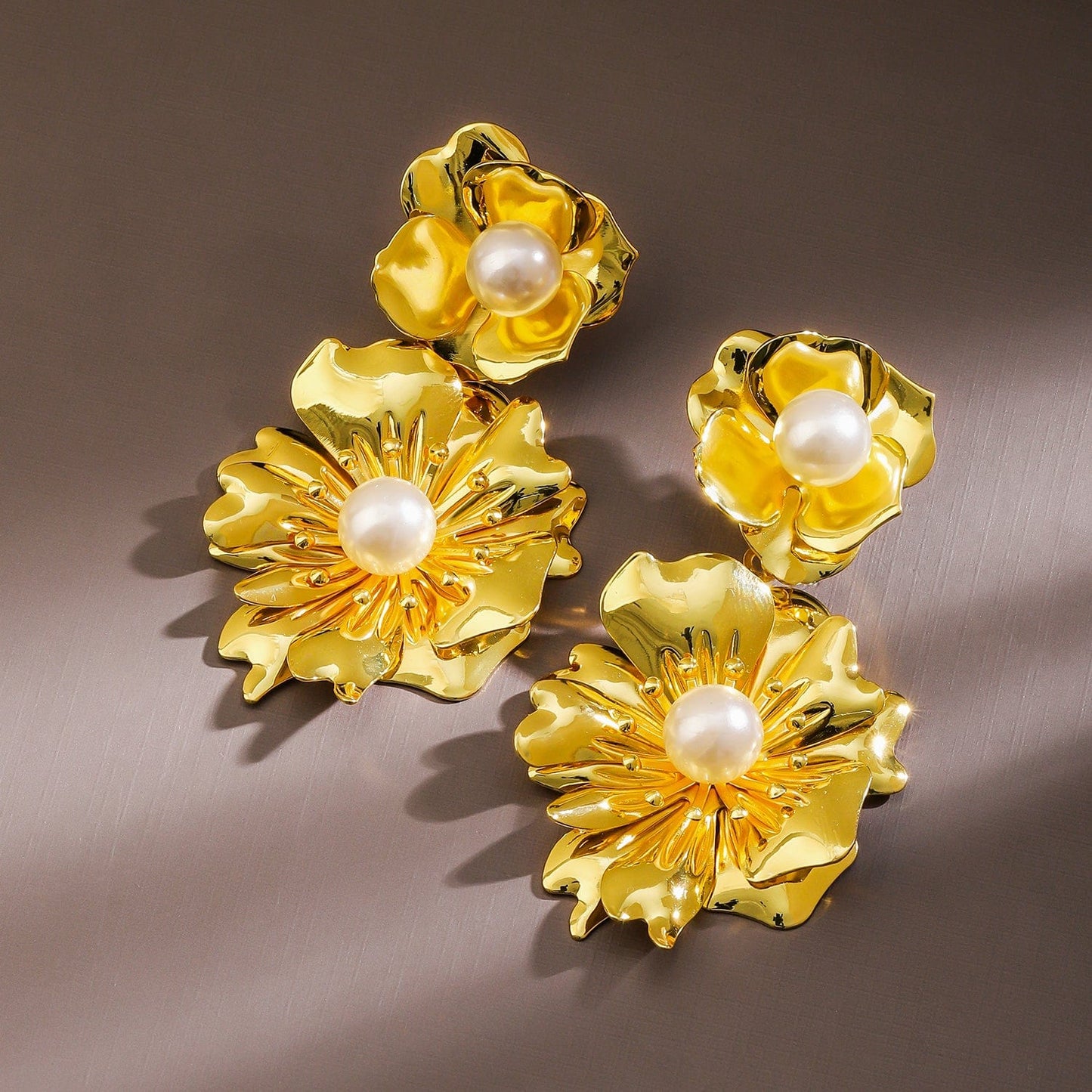 Voguish 18K Gold-Plated Bold Pearl Studded Big Floral Drop Statement Earrings