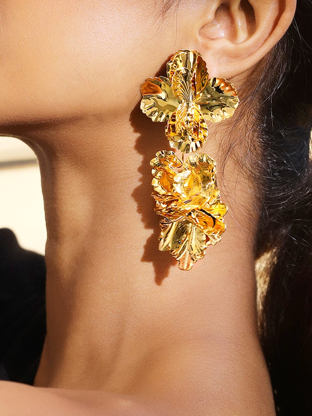 Voguish 18K Gold-Plated Oversized Cascading Floral Design Long Statement Earrings