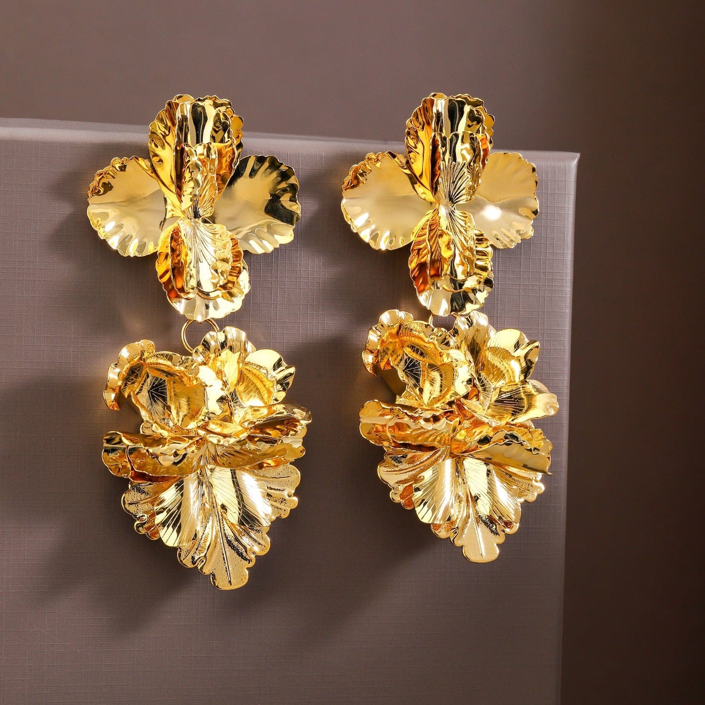 Voguish 18K Gold-Plated Oversized Cascading Floral Design Long Statement Earrings