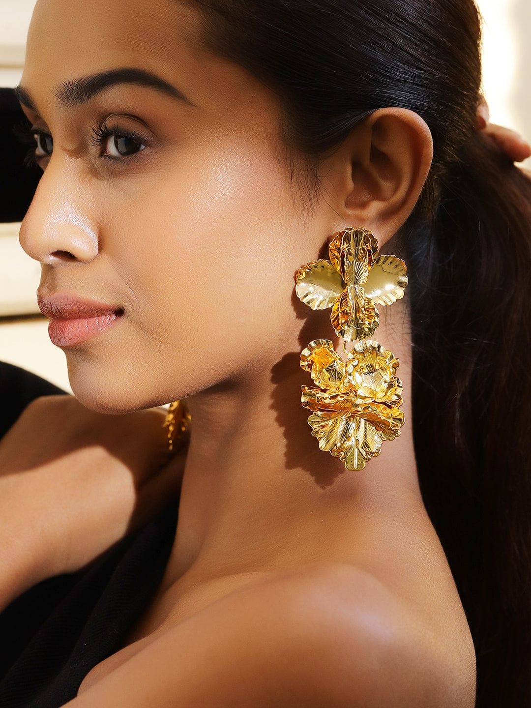 Voguish 18K Gold-Plated Oversized Cascading Floral Design Long Statement Earrings