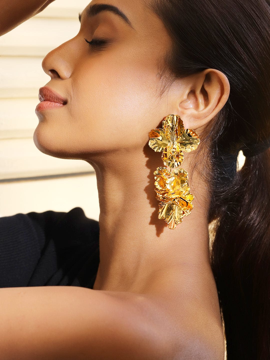 Voguish 18K Gold-Plated Oversized Cascading Floral Design Long Statement Earrings