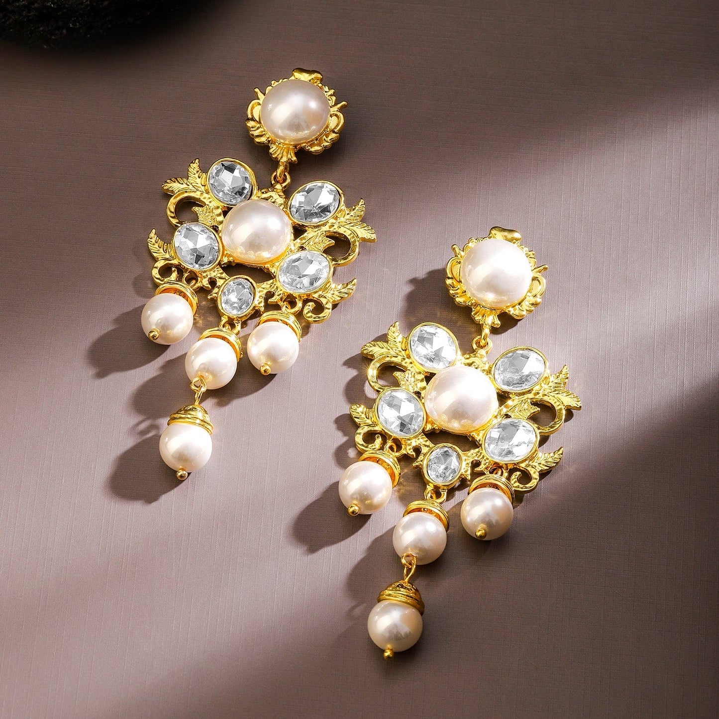 Voguish 18K Gold-Plated Pearl & Zirconia Studded Bold Long Statement Earrings