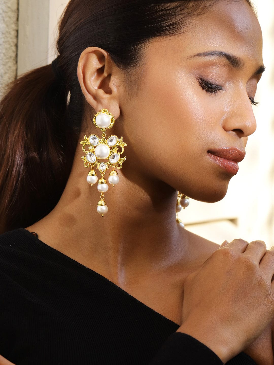 Voguish 18K Gold-Plated Pearl & Zirconia Studded Bold Long Statement Earrings