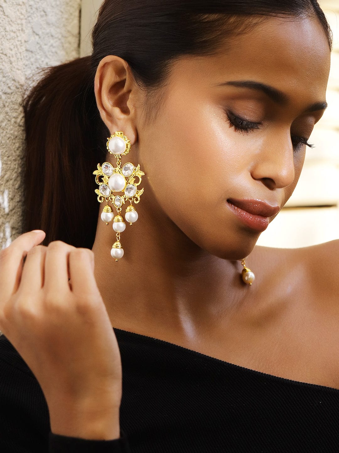 Voguish 18K Gold-Plated Pearl & Zirconia Studded Bold Long Statement Earrings