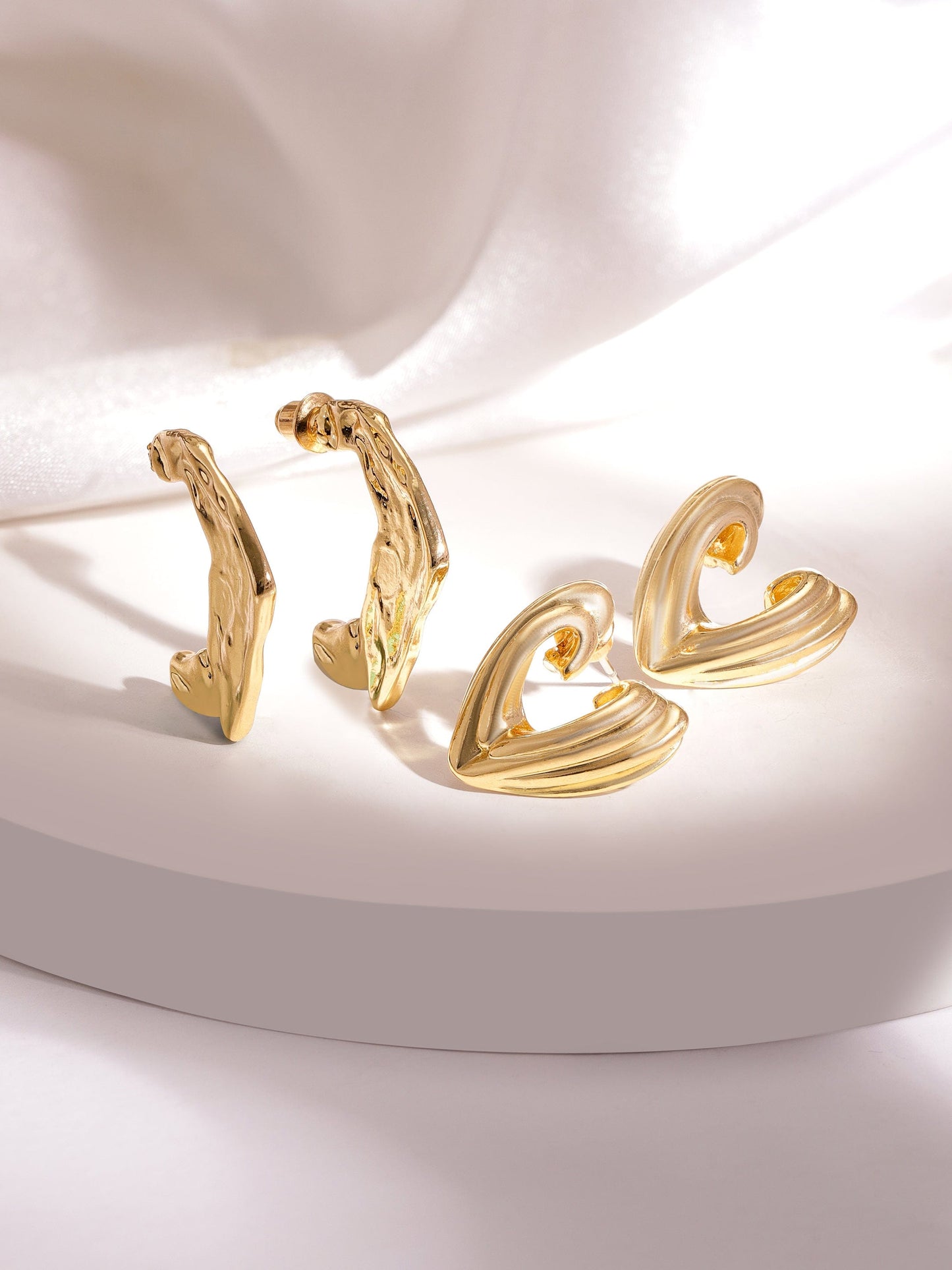 Set of 2 18K Gold Plated Abstract Design Hoop & Stud Earrings Stylish Combo Set