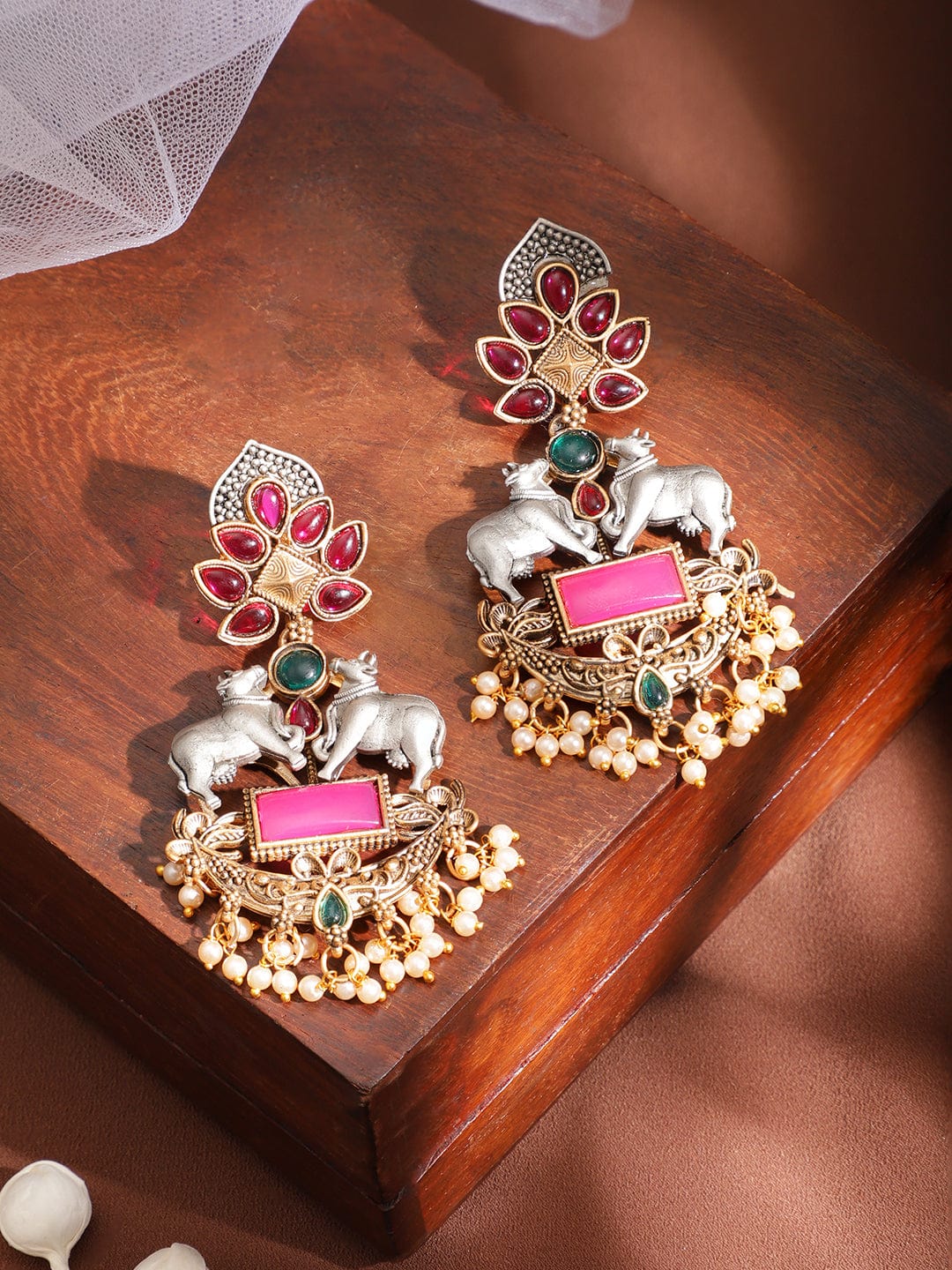 Women's Gold Plated with Pink Enameled Kundan Studded Cow Charm Chandabali Earrings